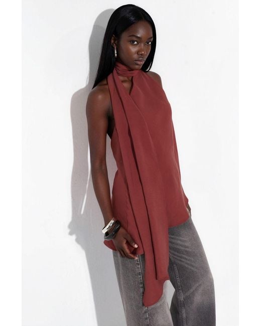 Hiccup Red Halter Neck Scarf Detail Top