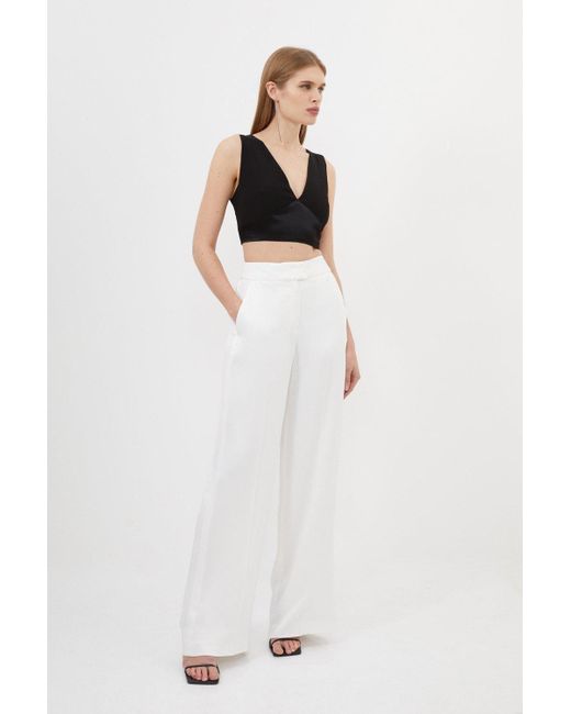 Karen Millen White Tailored Viscose Satin Back Crepe Wide Leg Trousers