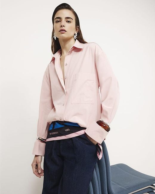 River Island Pink Shirt Cinch Back Long Sleeve Collared Cotton