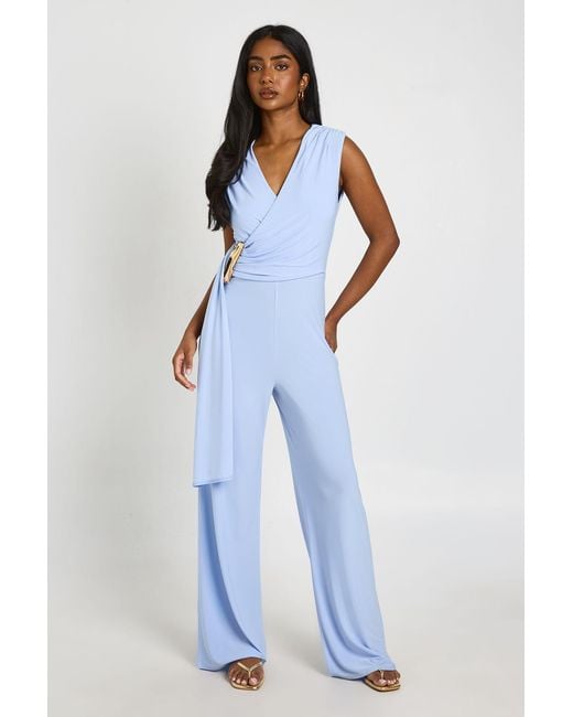 Boohoo Blue Soft Touch Drape Front Wide Leg Jumpsuit