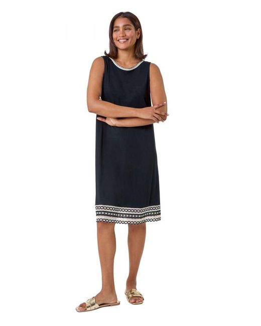 Roman Blue Embroidered Trim Stretch Jersey Shift Dress