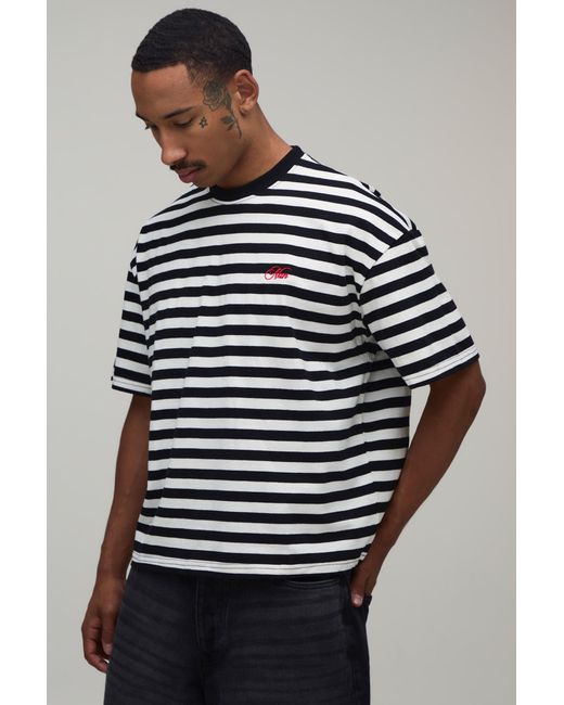 BoohooMAN Blue Oversized Boxy Stripe Script Print T-Shirt for men