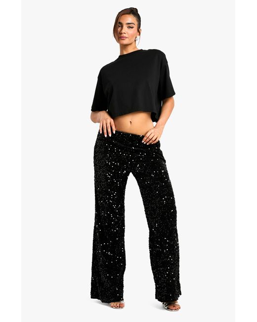 Boohoo Black Velvet Sequin Wide Leg Trousers