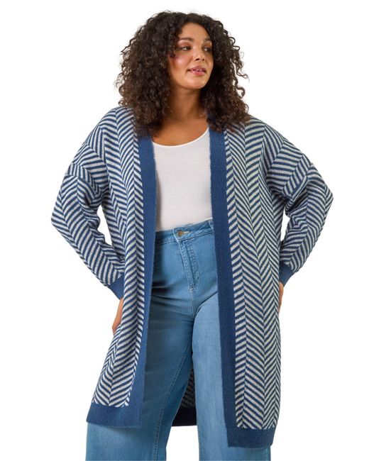 Roman Blue Curve Chevron Fluffy Knit Cardigan