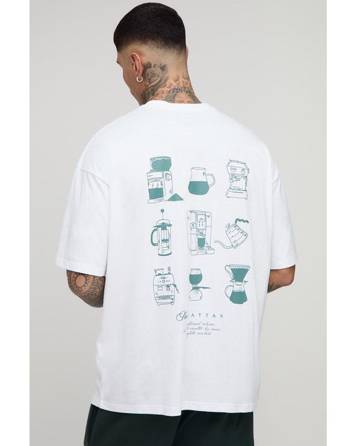 BoohooMAN White Tall Oversized Script Coffee Printed T-Shirt for men