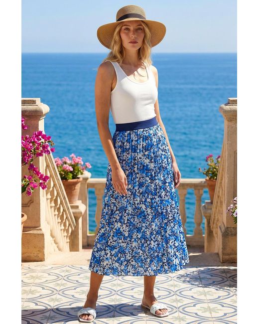 Roman Blue Floral Pleated Skirt