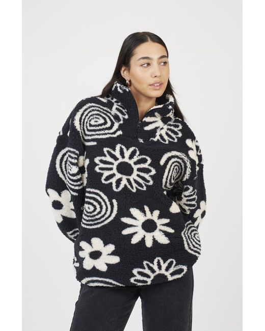 Brave Soul Black Quarter Zip Flower Print Fleece Sweatshirt