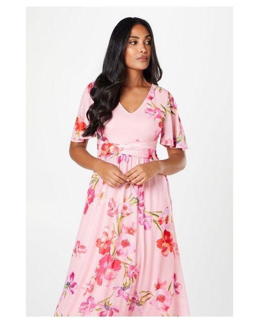 Wallis Pink Petite Floral Mesh Wrap Waist Midi Dress