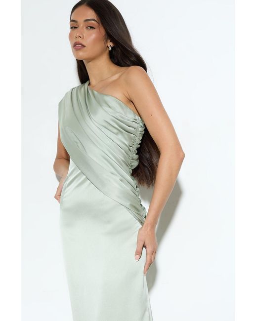 MissPap Green Draped Neckline Satin Bridesmaid Maxi Dress