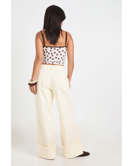 Boohoo Natural Petite Turn Up Hem Twill Wide Leg Trousers