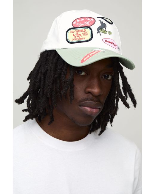 BoohooMAN Black Printed Cap With Applique Patches & Contrast Visor for men