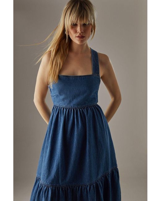 Warehouse Blue Cross Back Denim Midi Dress