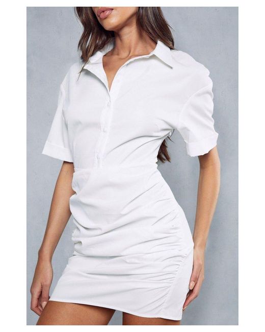 MissPap White Poplin Short Sleeve Ruched Shirt Dress