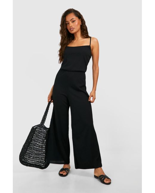 Boohoo Black Basic Rib Strappy Culotte Jumpsuit