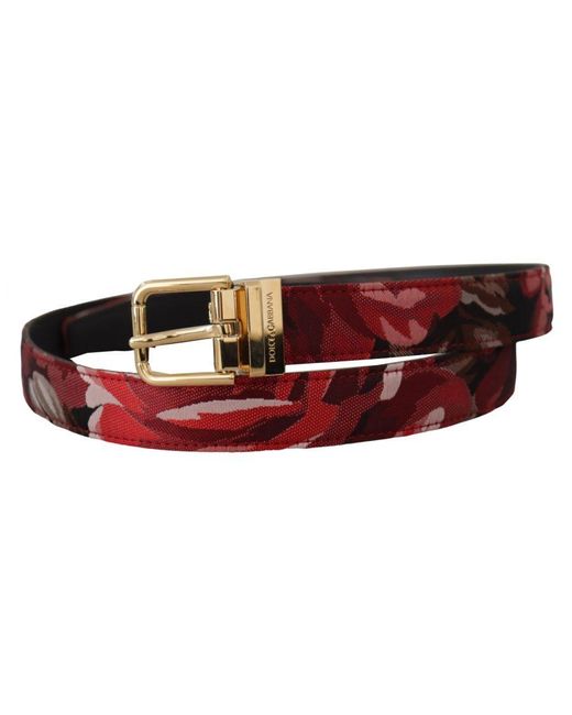 Dolce & Gabbana Red Jacquard Rose Leather Metal Buckle Belt for men