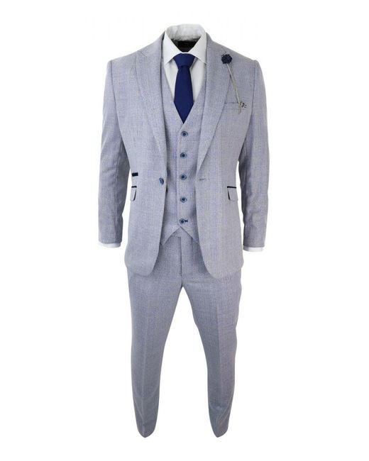 Infinity Leather Blue 3 Piece Tweed Suit Light Check Peaky Blinders 1920 Gatsby Wedding for men