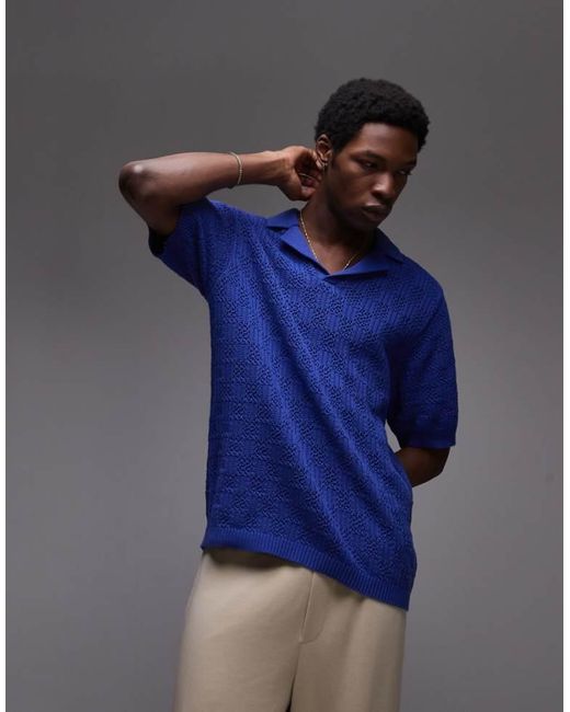 Topman Blue Knitted Check Crochet Polo for men