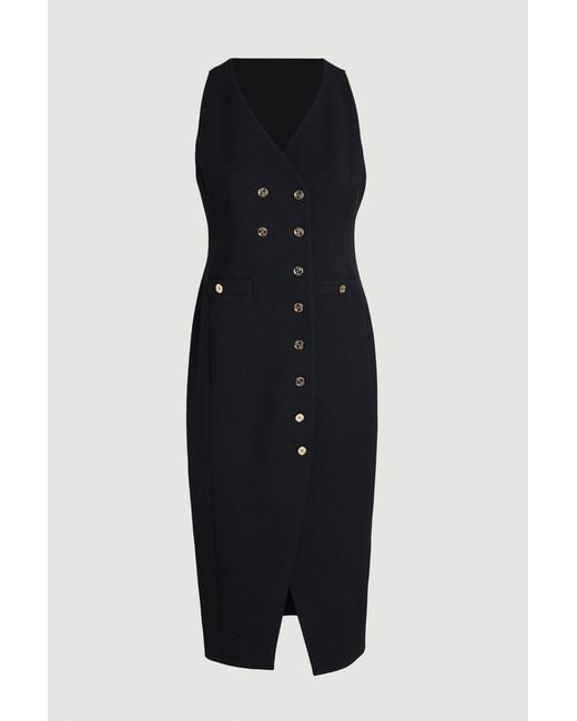 Karen Millen Black Plus Size Textured Compact Stretch V Neck Button Detail Midi Dress