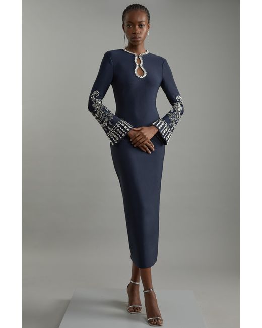 Karen Millen Gray Figure Form Bandage Knit Embellished Wide Sleeve Maxi Dress