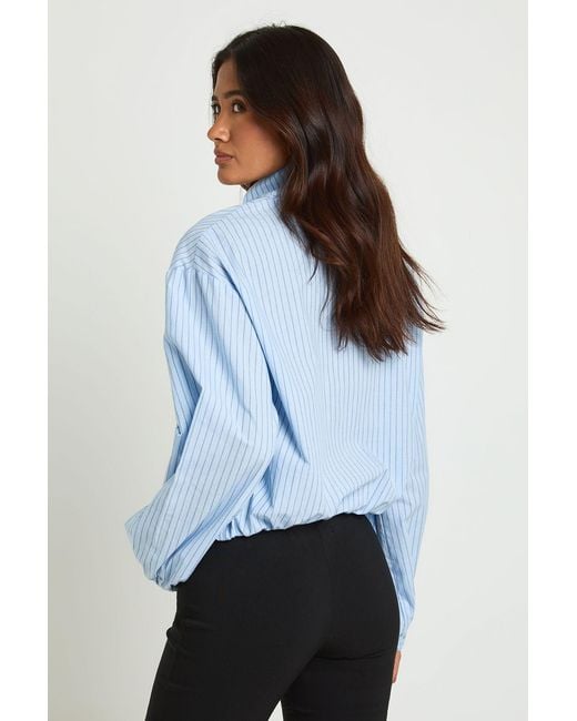 Boohoo Blue Stripe Poplin Funnel Neck Shirt
