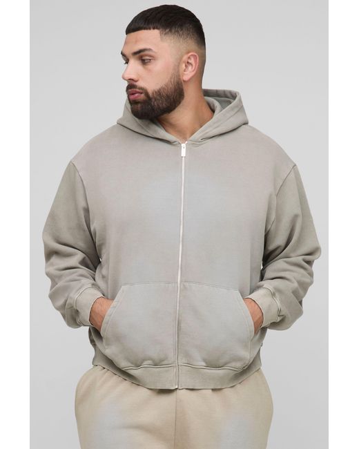 BoohooMAN Gray Plus Oversized Boxy Spray Wash Zip Through Hoodie for men