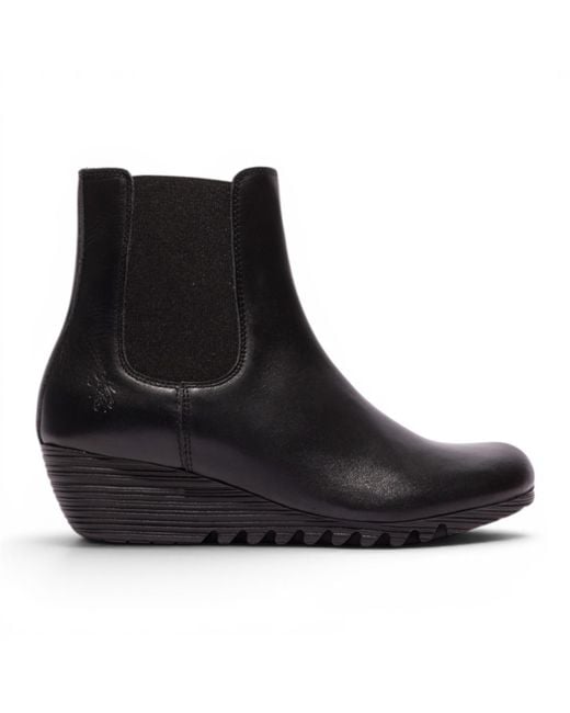 Fly London Black Leather Wedge Heel Chelsea Boots