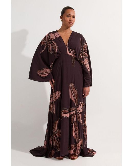 Karen Millen Red Plus Size Drama Kimono Sleeve Printed And Beaded Woven Maxi Dress