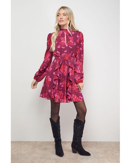Oasis Pink Printed Ruffle Boho Fit And Flare Mini Dress