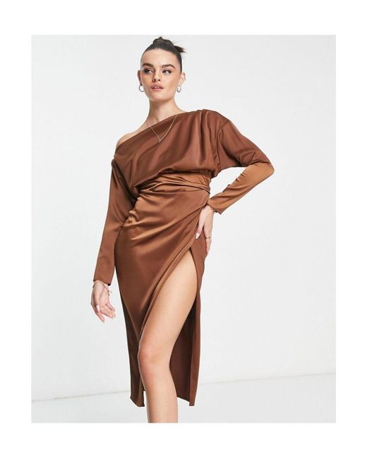 ASOS Brown Off Shoulder Satin Midi Dress With Tuck Detail Bodice