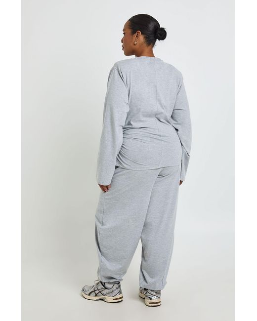 Boohoo Gray Plus Shoulder Pad Ruched Side Long Sleeve Top
