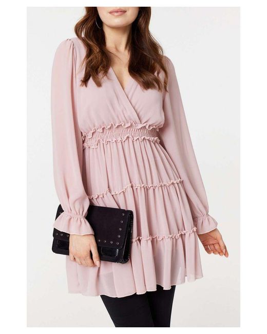 Izabel London Pink Lace Detail Long Sleeve Mini Dress