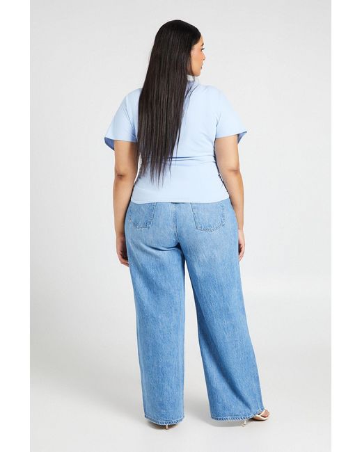 Boohoo Blue Plus V Neck Plunge Angel Sleeve Top