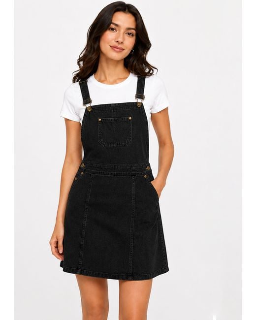 Gini London Black Suedette Dungaree Pinafore Dress