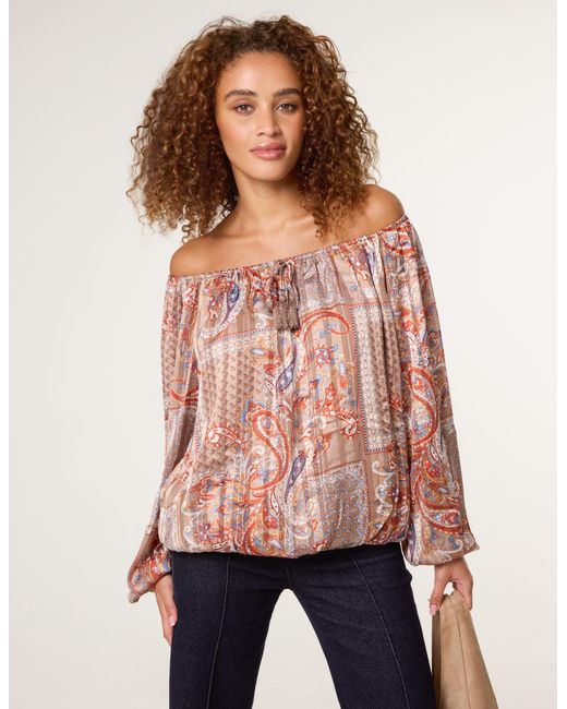 Blue Vanilla Red Bardot Puff Ball Blouse