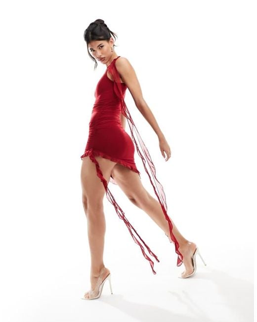 SIMMI Red Mesh Asymmetric Jellyfish Corsage Mini Dress
