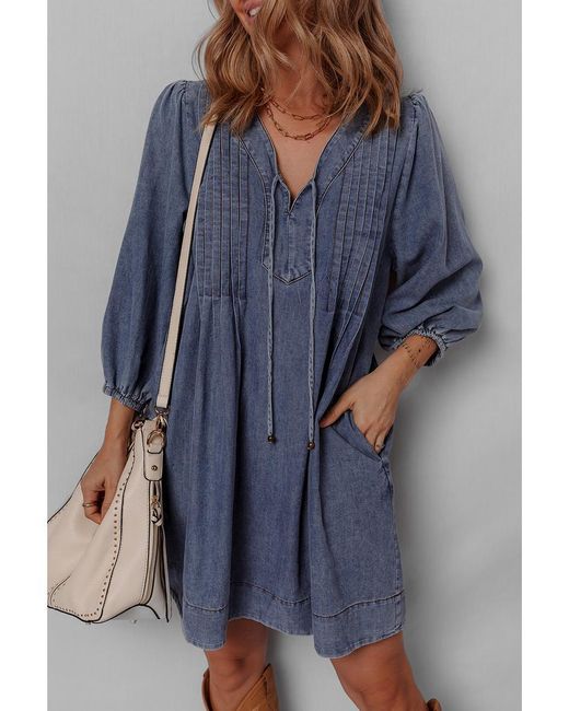 Azura Exchange Casual Jurk Met Lange Mouwen En Strikdetail in het Blue