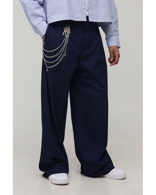 BoohooMAN Blue Baggy Fit Pinstripe Pleat Front Smart Trouser With Chain for men