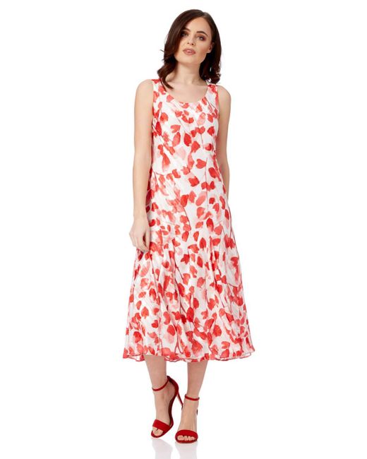 Roman Red Poppy Print Bias Cut Midi Dress