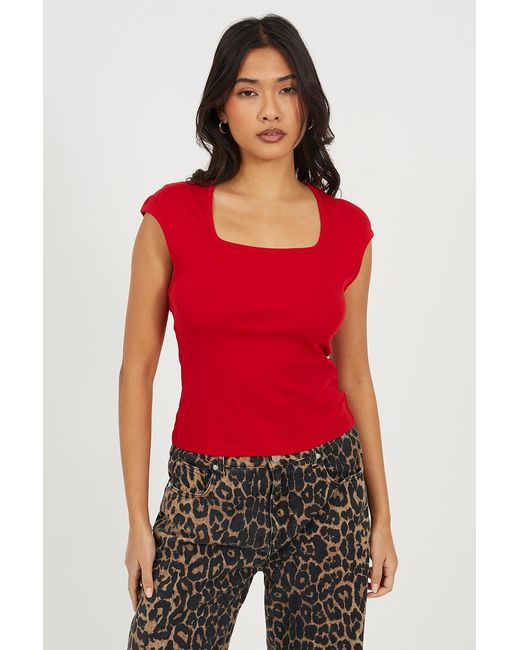 Brave Soul Red Square Neck Short Sleeve T-Shirt