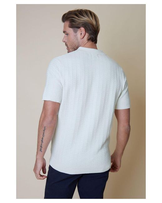 Threadbare White 'Halliwell' Cotton Mix Short Sleeve Textured Knitted Polo Shirt for men