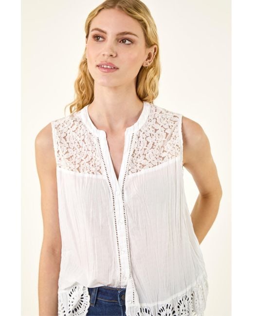 Roman White Floral Lace Yoke Blouse