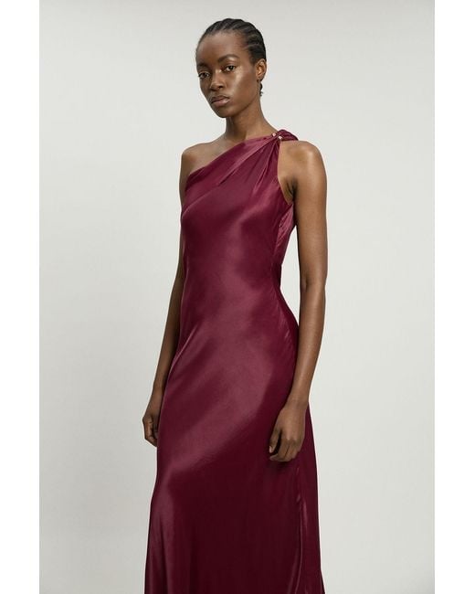 Karen Millen Red Satin Viscose Trim Detail One Shoulder Maxi Dress