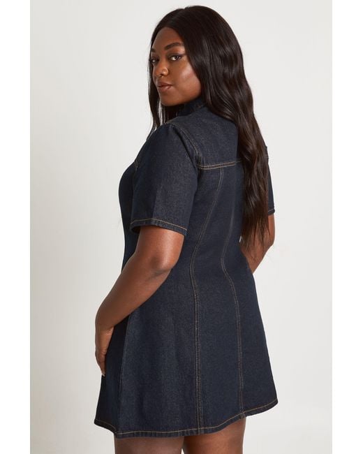 Boohoo Blue Plus Short Sleeve Cinched Waist Denim Dress