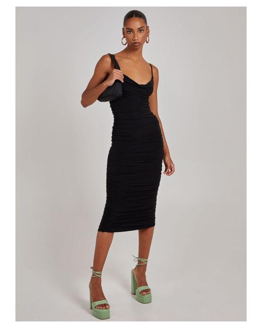 Pink Vanilla Black Cowl Neck Gathered Midi Dress