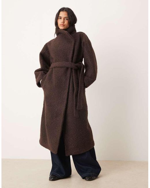 Gina Tricot Brown Belted Wrap Midi Coat With Funnel Neck