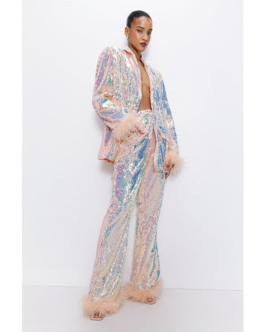 Nasty Gal White Premium Sequin Feather Trim Flare Trousers
