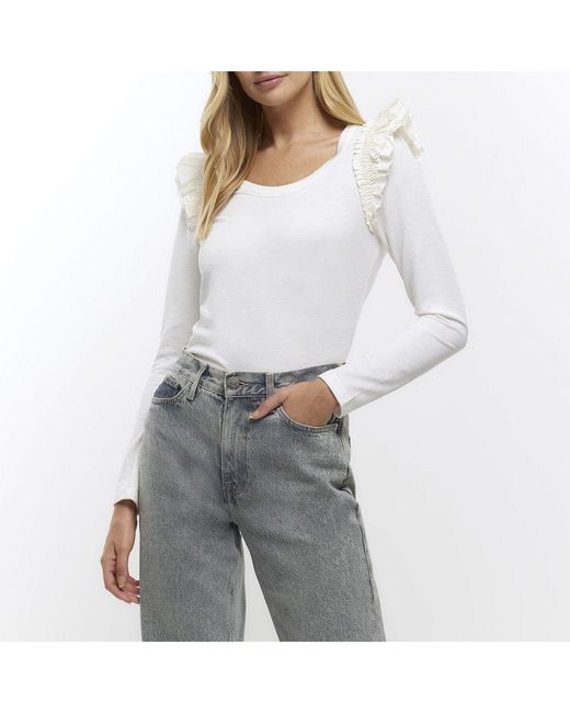 River Island White Top Rib Frill Long Sleeve