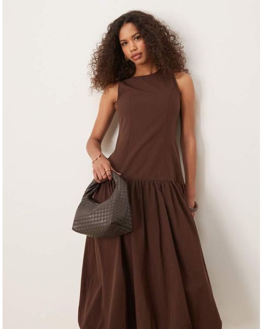 Ghospell Brown Drop Hem Midi Dress