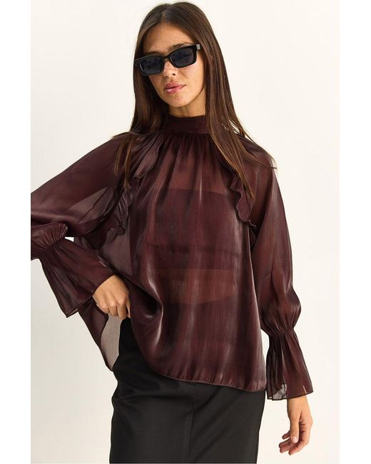 Bianco Lucci Red Frilly Mandarin Collar Button-Up Shirt