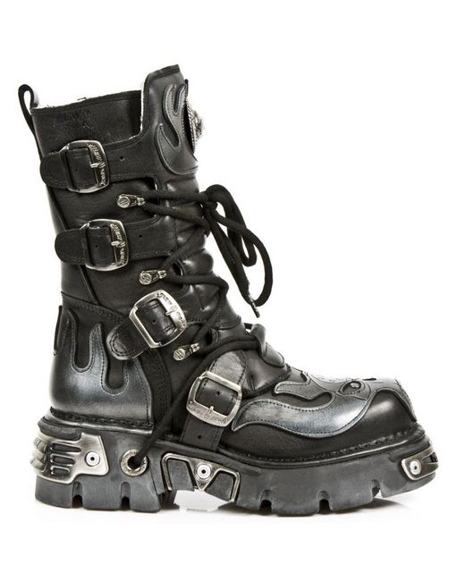 New Rock Black Flame Accented/ Leather Biker Boots- 107-S2